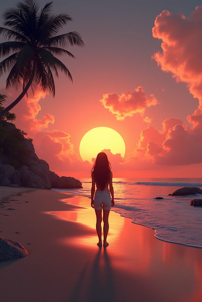lonely girl watching the sunset on an exotic beach realistic 3D level