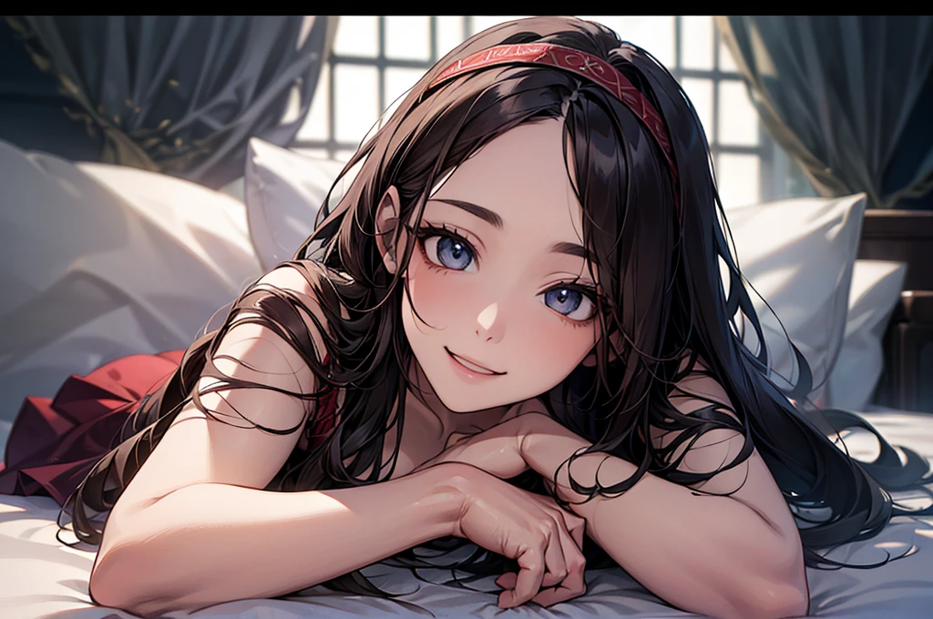 (Biologically correct limb count)、Full body, including face、4K、masterpiece、Focus on the face、Well-proportioned facial features、Delicate descriptive eyes、Beautiful woman、Excellent style、(head band、red gothic dress、High heels)、(smile）、(Close-up photo of the upper body）、look up、Photos with white borders、Looking into the camera、Lie down in bed、