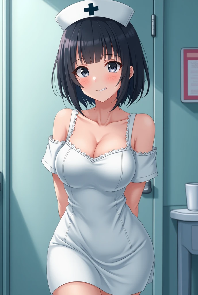 (8k、Highest quality、Highest quality、masterpiece)、Detailed face、One Girl、 Black Hair、short hair、、Blunt bangs、Grey Eyes、Wicked Smile、((Grin))、((camisole))、((One piece skirt))、Cowboy Shot、((I had already finished))、hospital、Hospital room、Very large breasts、cheeks are bright red、blush、I'm worried、White nurse uniform、Cleavage、Nipples are visible