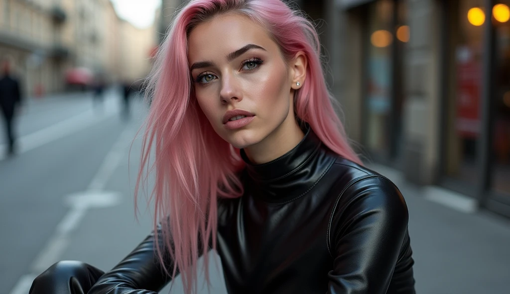 Full lenght, pink hair, narrow face, grey eyes, girl, 18 years old, slim figure, almond-shaped eyes, button nose, full lips, european appearance, ultra highly intricate detailed, black eyeliner, leather bodysuite, over knee boots, looking at the camera, professional photography, ultra sharp focus, very beautiful, motorcycle
