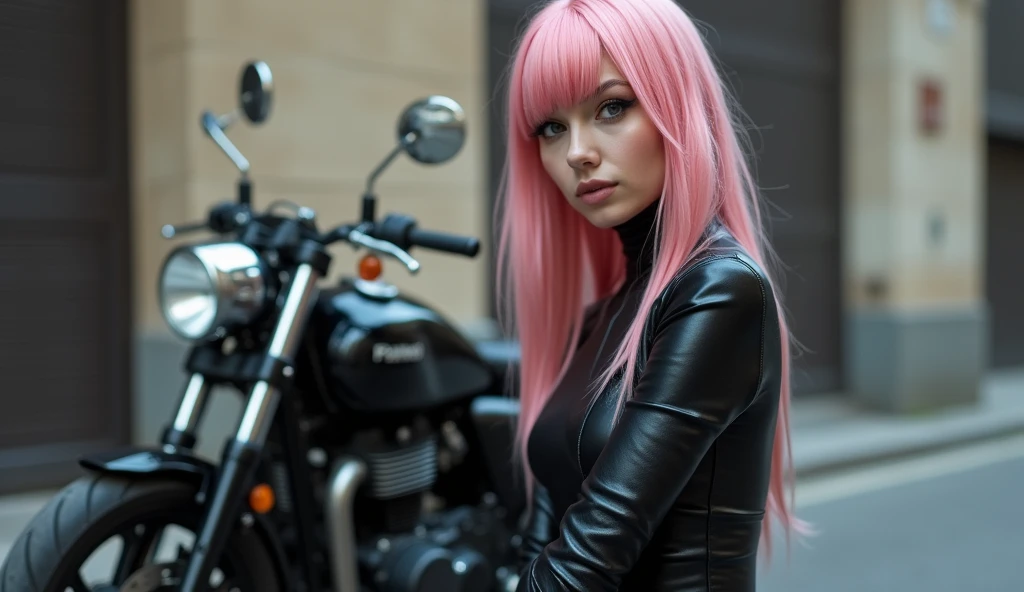 Full lenght, pink hair, narrow face, grey eyes, girl, 18 years old, slim figure, almond-shaped eyes, button nose, full lips, european appearance, ultra highly intricate detailed, black eyeliner, leather bodysuite, over knee boots, looking at the camera, professional photography, ultra sharp focus, very beautiful, motorcycle