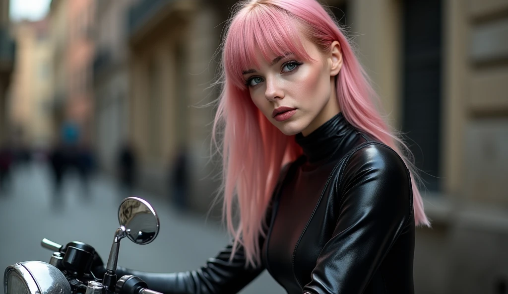 Full lenght, pink hair, narrow face, grey eyes, girl, 18 years old, slim figure, almond-shaped eyes, button nose, full lips, european appearance, ultra highly intricate detailed, black eyeliner, leather bodysuite, over knee boots, looking at the camera, professional photography, ultra sharp focus, very beautiful, motorcycle