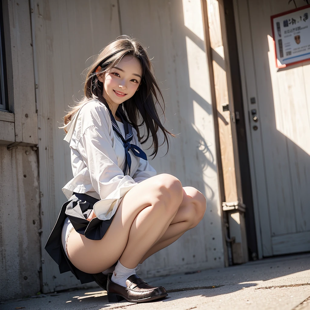 (Realistic, photo Realistic:1.2), ((Highest quality)), moving her center of gravity back, Quite embarrassing, White panties, (Showing panties:1.4),Tight Skirt, (Under the skirt:1.3), (Lift up your skirt:1.3), (squat:1.4), Put your heels on the ground, Spread your legs a little, 膝を上げてsquat, Put your butt on the ground, black penny loafers, Beautiful face details, Real human skin, Gentle expression, Front view, angle From below, Realistic, photoRealistic, cute, Short skirt, squat deep on school grounds, cute school girl, Japanese school girl uniform, Sailor suit, whole body,Smile, Natural smile, Charming smile, Captivating smile, (View your viewers:1.2), from the front, From below,