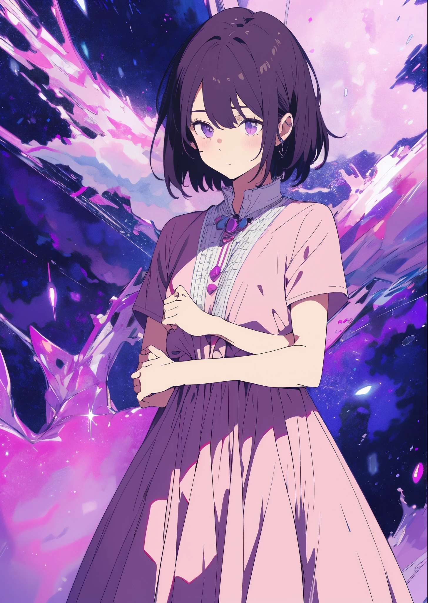 Girl with short purple hair in pink dress, purple space background, Ultra-high image quality, looks away from the camera