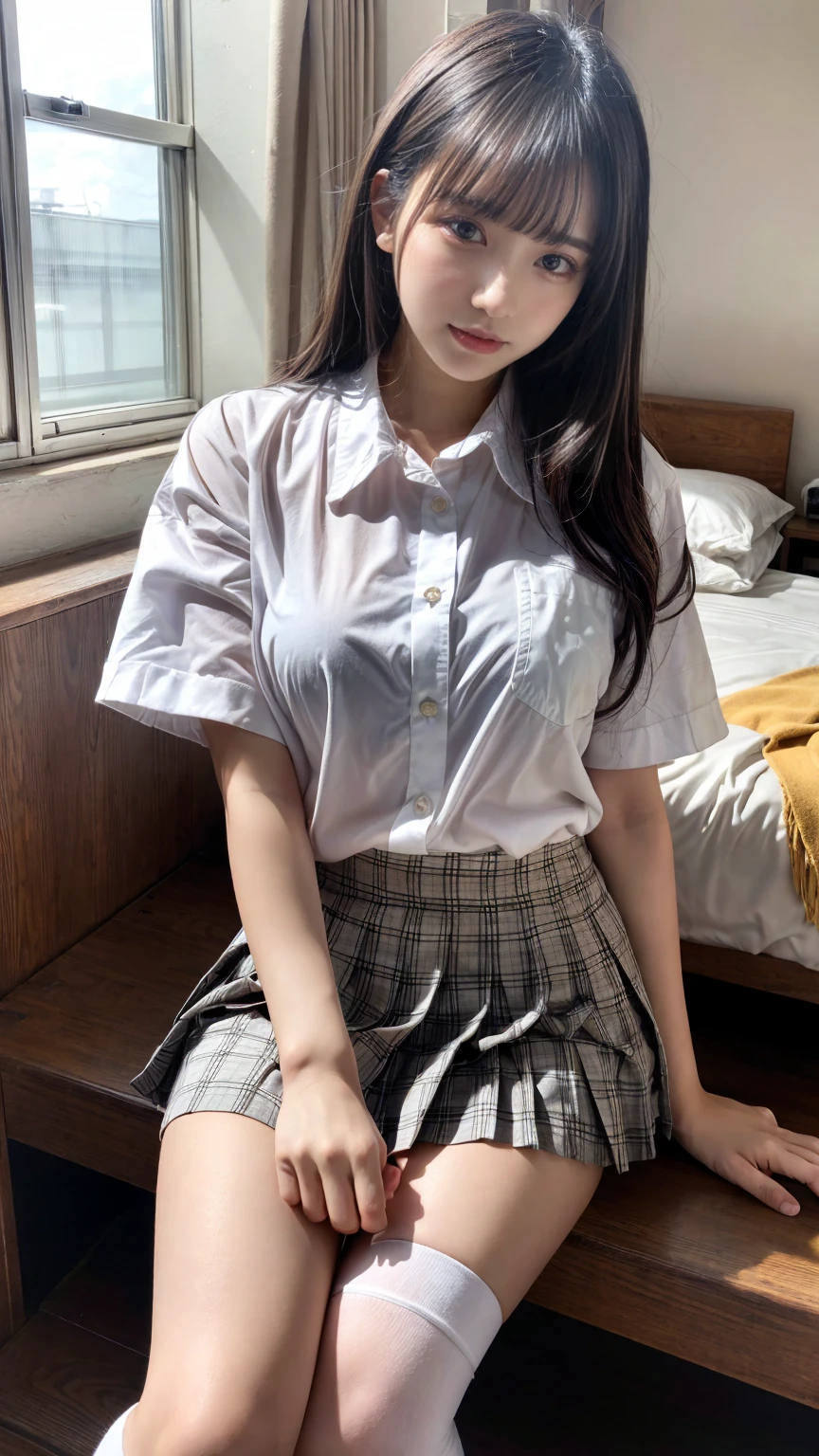 (8K, RAW Photos, Highest quality, masterpiece:1.2), (professional photography, full colors, studio-caliber color grading), (Gravure quality for high-end fashion magazines),  BREAK,18 year old girl, (boyish:1.15), (mannish:1.1), Big Natural Color Lip, Plumpy body, (smooth skin:1.1), (huge breasts:1.0),  BREAK (school uniform:1.2), ((loose style, tucked out tops):1.2), (fusion of oversized white tunic and white collared-shirt with untucked:1.4), (short sleeve:1.3), (button-up:1.4), (black and gray plaid pattern pleated mini skirt:1.2), (thigh skin:1.4), (socks:1.2), (loafers:1.1), BREAK hotel room