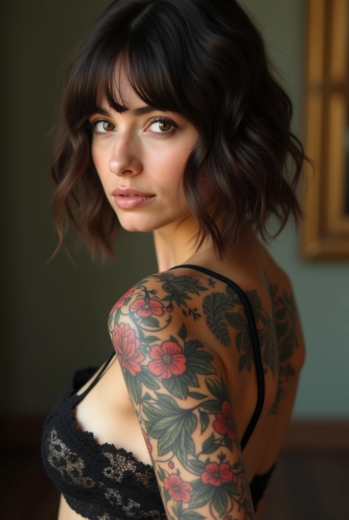 A girl with a tattoo ANDON on her tits 