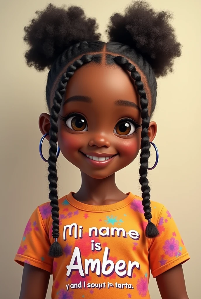 Generate a black girl with clothes that say "My name is Amber and I am a cake" but in Spanish