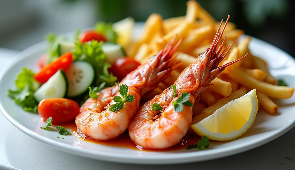 Prawn with French fries and salad platter 