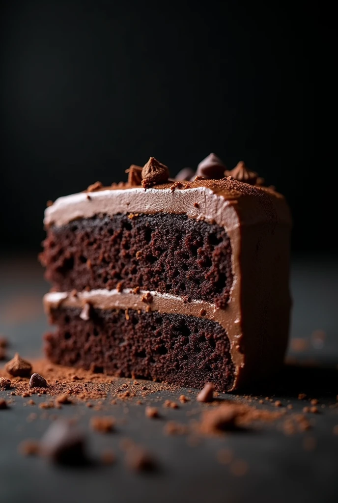 cinematic film still chocolate, chocolate cake, dark background, quality photo, moist texture, frosting, studio photo, slice . shallow depth of field, vignette, highly detailed, high budget, bokeh, cinemascope, moody, epic, gorgeous, film grain, grainy