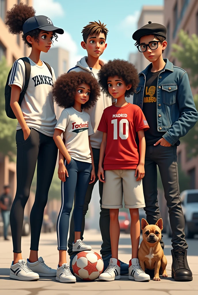 Tall girl Yankees cap curly hair sport shirt tight pants Adidas shoes, next to a curly-haired girl wearing a number 10 Madrid shirt, Adidas cleats and a soccer ball on her foot, next to a tall young man wearing a Luffy shirt and Adidas Forum shoes, and next to him a man with green eyes wearing a beret and reading glasses wearing a black jeans jacket and a rocker shirt and black Harley boots, next to him a small brown dog