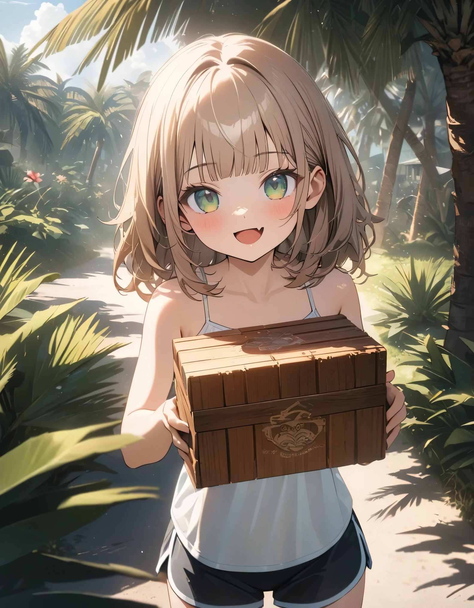 ((Masterpiece)), ((best quality)), ((wide shot)), (super detail:1.2), (High Definition:1.3), ((extremely detailed)), (8K), (Professional Photography:1.2), (very aesthetic:1.2), (absurdres:1.2), (sharp focus), (perfect light), ((kawaii)), (drop shadow), ((1girl)), ((12 years old)), (cute little girl), unruly hair, medium hair, pale brown hair, (loose blunt bangs), cumulonimbus cloud, on morning, tropical country, (naughty smile), open mouth, skin fang, (thin camisole), wearing dolphin shorts, ((open jewelry box in both hands)), blooming Hibiscus, botanical pattern, (pandanus tree), (deep green eyes), summer day, (sharp focus), (perfect light), (detailed background:1.2), newest,