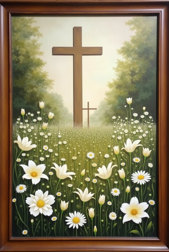 Painting of a Garden Of a variety of White Flowers And The Cross in The Middle Of the Garden Far off in the distance, border of picture is wood like a painting portrait