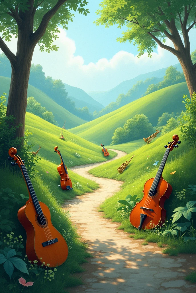 Un groupe de musique avec 2 guitaristes sur les côté, un chauve et l'autre avec des cheveux longs. Il y a un saxophoniste blond et un violoncelliste chauve. Une chanteuse est au millieu, elle est blonde et très belle. Ils sont tous dans la forêt.