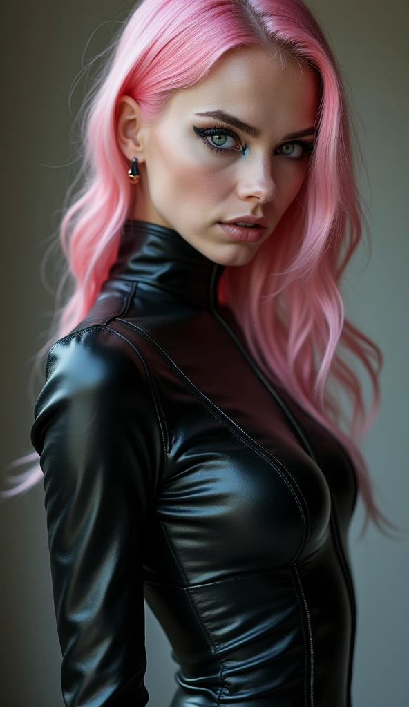 Full lenght, pink hair, narrow face, grey eyes, girl, 18 years old, slim figure, almond-shaped eyes, button nose, full lips, european appearance, ultra highly intricate detailed, black eyeliner, leather bodysuite, over knee boots, looking at the camera, professional photography, ultra sharp focus, very beautiful, motorcycle