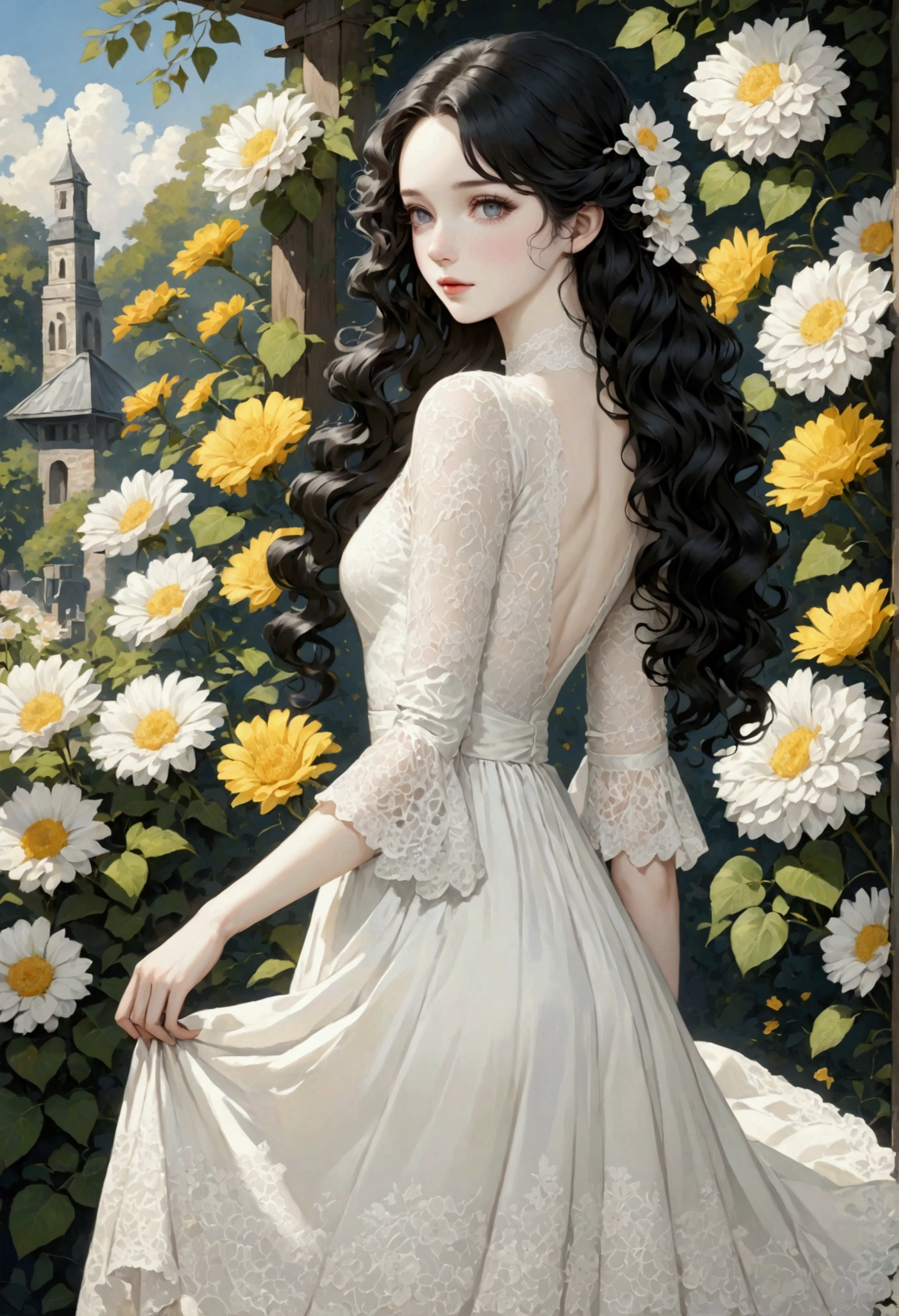 1 girl, Pale skin, black hair, long, curly hair, White dress, with lace, Whole body