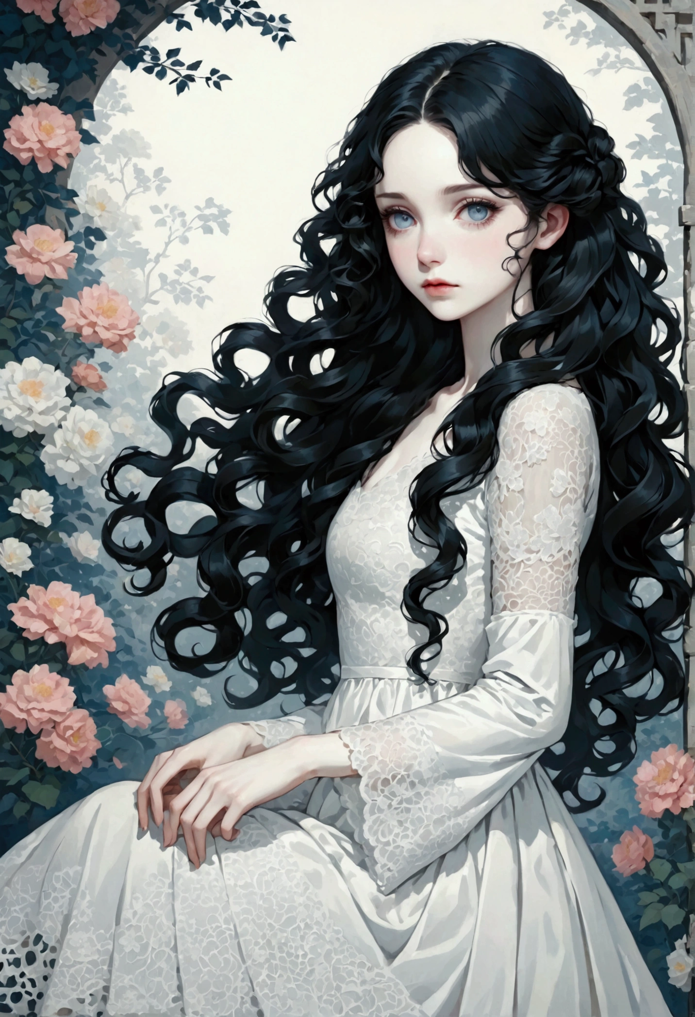 1 girl, Pale skin, black hair, long, curly hair, White dress, with lace, Whole body