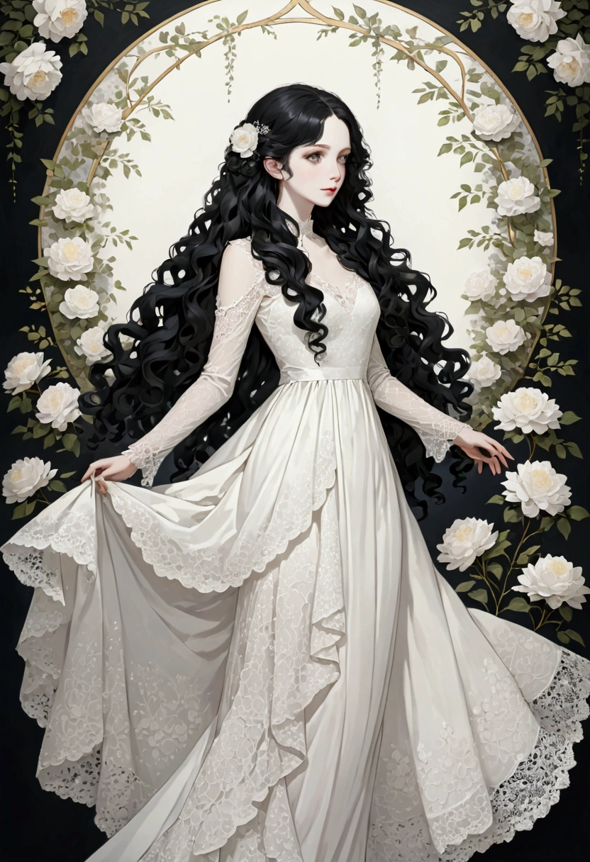 1 girl, Pale skin, black hair, long, curly hair, White dress, with lace, Whole body