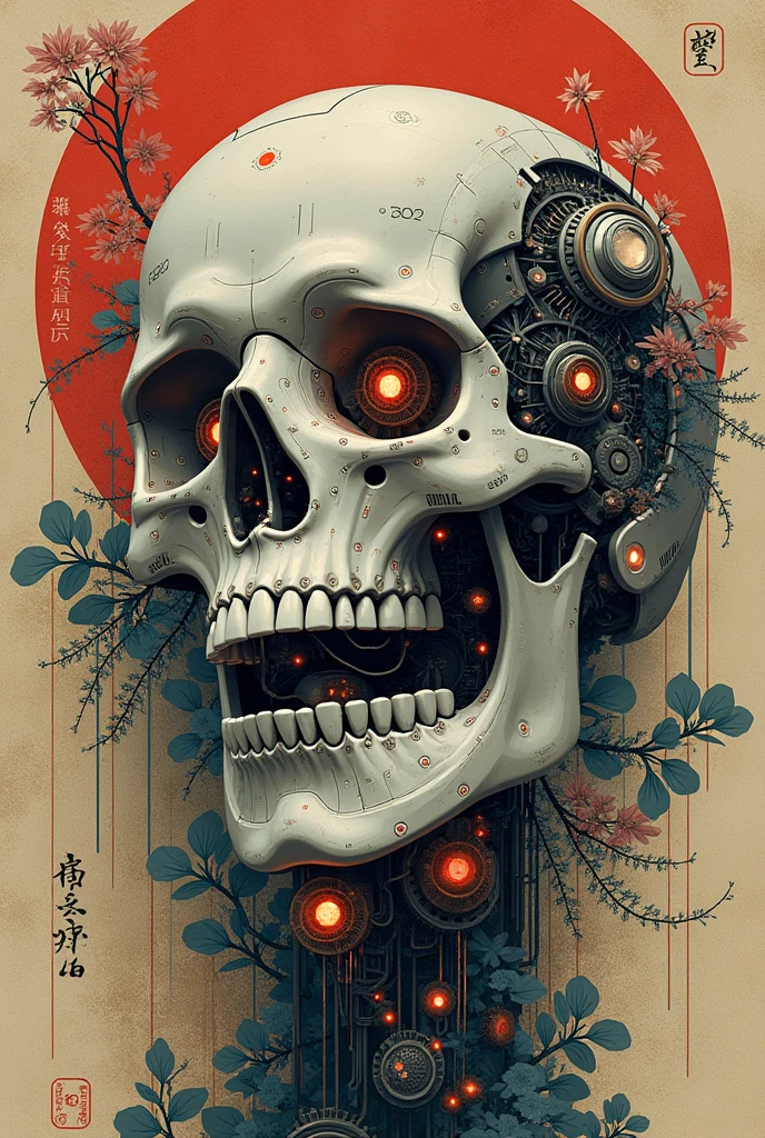 Japanese drawing with artificial technological skulls