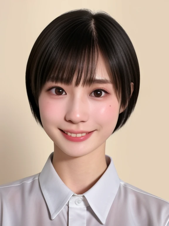 NSFW, (kawaii 18 year-old Japanese girl, Nogizaka idol, Korean idol), healthy female athlete body, (glossy black hair, short hair, pixie cut, bangs:1.3), (rounded face, pure black eyes, single eyelid, no makeup, splashing best smile:1.2), (collared white shirt unbuttoned:1.3), creavage, extra small breasts, BREAK, (plain white background:1.3), (dynamic angle, bust shot:1.2), BREAK, (masterpiece, best quality, photo realistic, official art:1.4), (UHD, 8K quality wallpaper, high resolution, raw photo, golden ratio:1.3), (shiny skin), professional lighting, physically based rendering, award winning, (highly detailed skin, extremely detailed face and eyes), Carl Zeiss 85 mm F/1.4, depth of field, 1girl, solo,