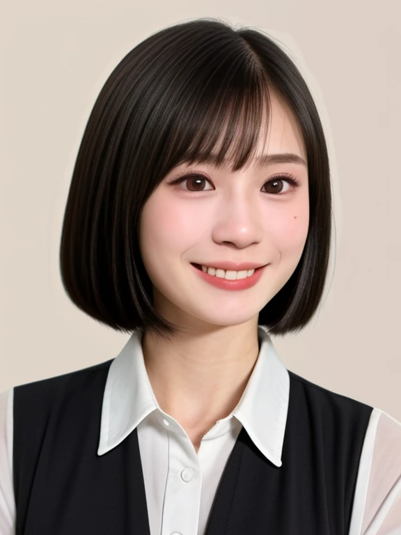 NSFW, (kawaii 18 year-old Japanese girl, Nogizaka idol, Korean idol), healthy female athlete body, (glossy black hair, short hair, pixie cut, bangs:1.3), (rounded face, pure black eyes, single eyelid, no makeup, splashing best smile:1.2), (collared white shirt unbuttoned:1.3), creavage, extra small breasts, BREAK, (plain white background:1.3), (dynamic angle, bust shot:1.2), BREAK, (masterpiece, best quality, photo realistic, official art:1.4), (UHD, 8K quality wallpaper, high resolution, raw photo, golden ratio:1.3), (shiny skin), professional lighting, physically based rendering, award winning, (highly detailed skin, extremely detailed face and eyes), Carl Zeiss 85 mm F/1.4, depth of field, 1girl, solo,