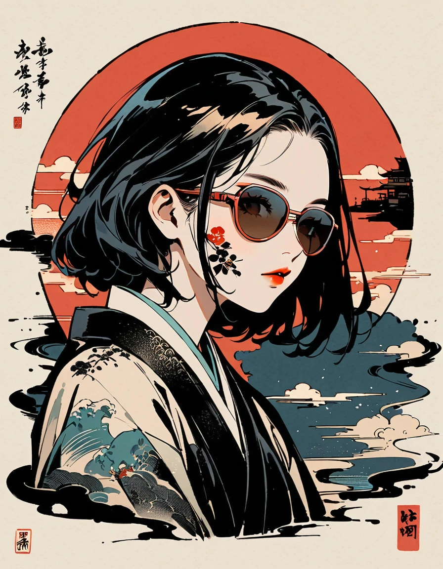 Ink Painting, (((1 girl))), (((Tattoos on the face))), (((sunglasses))), Japanese style headphones, beautiful girl, Black Hair, Delicate and precise, Modern ukiyo-e style, darkness
