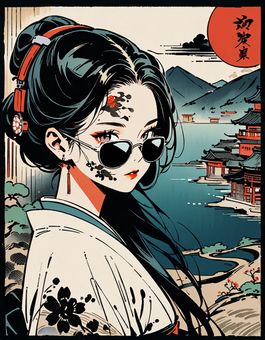 Ink Painting, (((1 girl))), (((Tattoos on the face))), (((sunglasses))), Japanese style headphones, beautiful girl, Black Hair, Delicate and precise, Modern ukiyo-e style, darkness,Lots of scenery,Small girl,