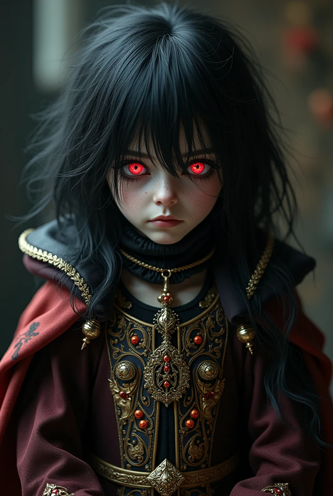 A male child with long black hair and vibrant red eyes, dressed in a medieval noble outfit.