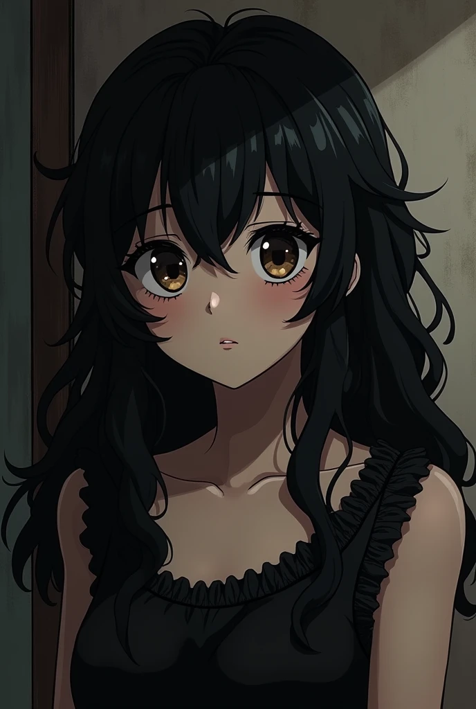 Dark girl with wavy hair in old anime style with a half happy face and emo style