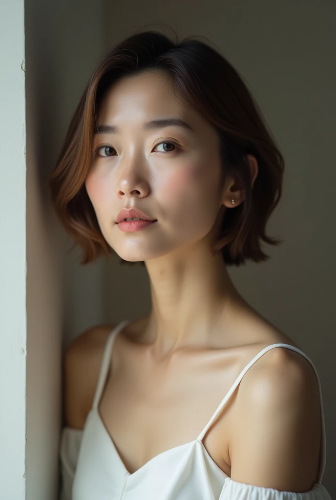 Japanese women、50 years old、Brown Hair、Shortcuts、White camisole、Bcup、