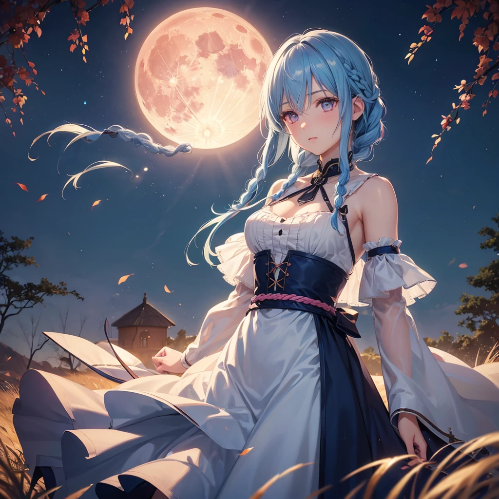 (Braiding),(Sky blue hair), (Pink eyes),(Fair skin) ,(whole body),(One Girl),(harvest moon),(A large amount of Miscanthus sinensis in the background),autumn,(full moon),(masterpiece, Highest quality, Very detailed, Best Shadow), (Detailed Background), (Beautifully detailed face), High Contrast, (Best lighting, Very delicate and beautiful), ((Cinematic Light)), Hyper Detail,8k, Dramatic Light, Intricate details