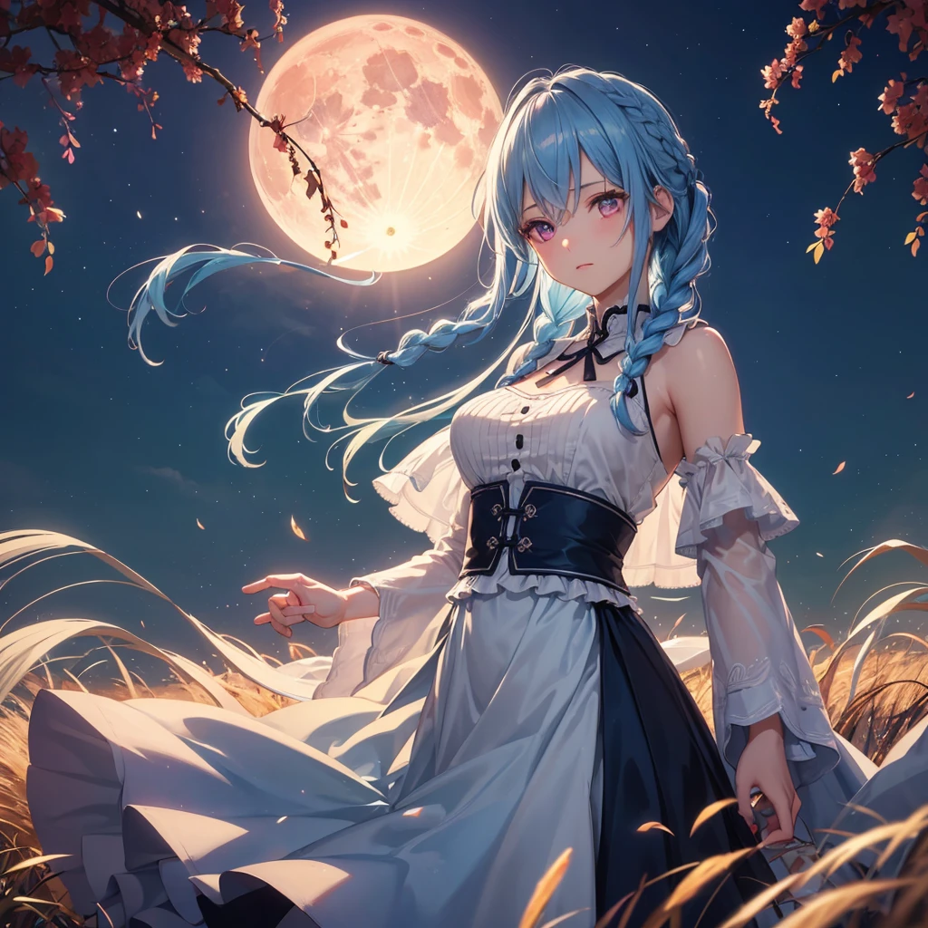(Braiding),(Sky blue hair), (Pink eyes),(Fair skin) ,(whole body),(One Girl),(harvest moon),(A large amount of Miscanthus sinensis in the background),autumn,(full moon),(masterpiece, Highest quality, Very detailed, Best Shadow), (Detailed Background), (Beautifully detailed face), High Contrast, (Best lighting, Very delicate and beautiful), ((Cinematic Light)), Hyper Detail,8k, Dramatic Light, Intricate details