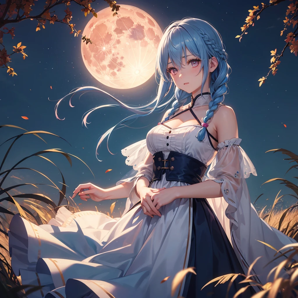 (Braiding),(Sky blue hair), (Pink eyes),(Fair skin)  ,(whole body),(One Girl),(harvest moon),(A large amount of Miscanthus sinensis in the background),autumn,(full moon),(masterpiece, Highest quality, Very detailed, Best Shadow), (Detailed Background), (Beautifully detailed face), High Contrast, (Best lighting, Very delicate and beautiful), ((Cinematic Light)), Hyper Detail,8k, Dramatic Light, Intricate details