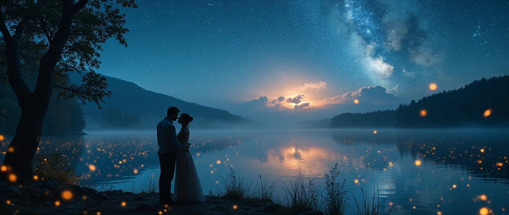 (masterpiece,4k,8k,wall-paper)、A lake with many fireflies、Fantasy world、Man and woman hug and try to kiss、Fantastic firefly lighting、Romantic view、Glittering lakes、Fantastic world