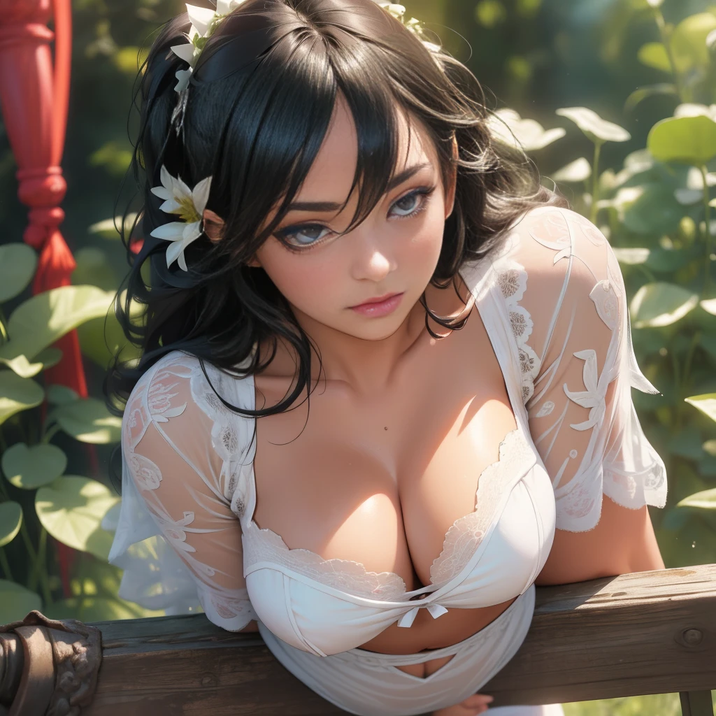 a plump woman with long black hair, facing the camera, wearing white transparent lace underwear, legs separated, (best quality,4k,8k,highres,masterpiece:1.2),ultra-detailed,(realistic,photorealistic,photo-realistic:1.37),HDR,UHD,studio lighting,ultra-fine painting,sharp focus,physically-based rendering,extreme detail description,professional,vivid colors,bokeh,portrait
