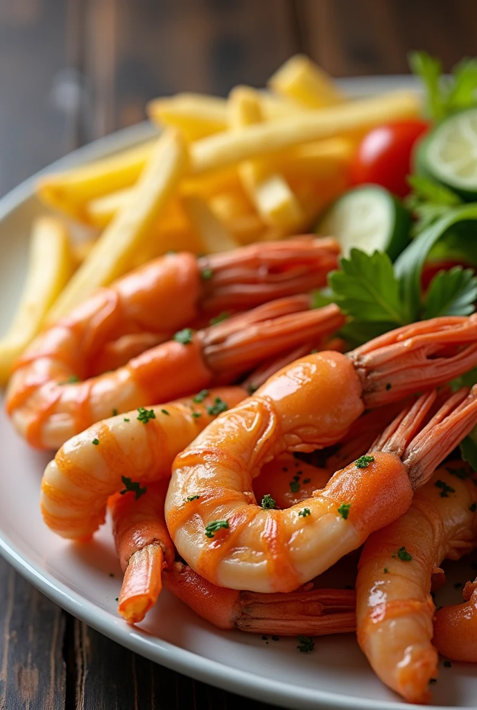 Prawn with French fries and salad platter