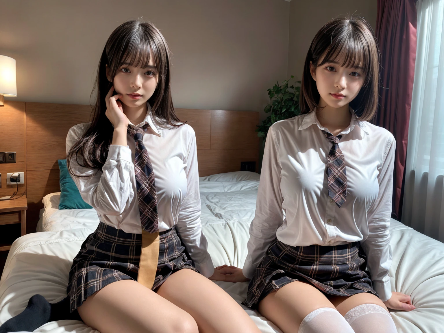 masterpiece, best quality, illustration, Super detailed, fine details, High resolution, 8K,wall paper, perfect dynamic composition,(Details High quality, realistic depiction of eyes:1.3), (3 girls), (white school shirt :1.2), (plaid skirt :1.3), tie black, black thigh-high stockings, sitting, open legs, short bob hair, in a hotel room in the background, deep on field, large breasts, black hair color, Big Natural Color Lip, (perfect body shape), crying a little、Harajuku style、20 year old girl、cute type、beautiful legs, Gravure Idol