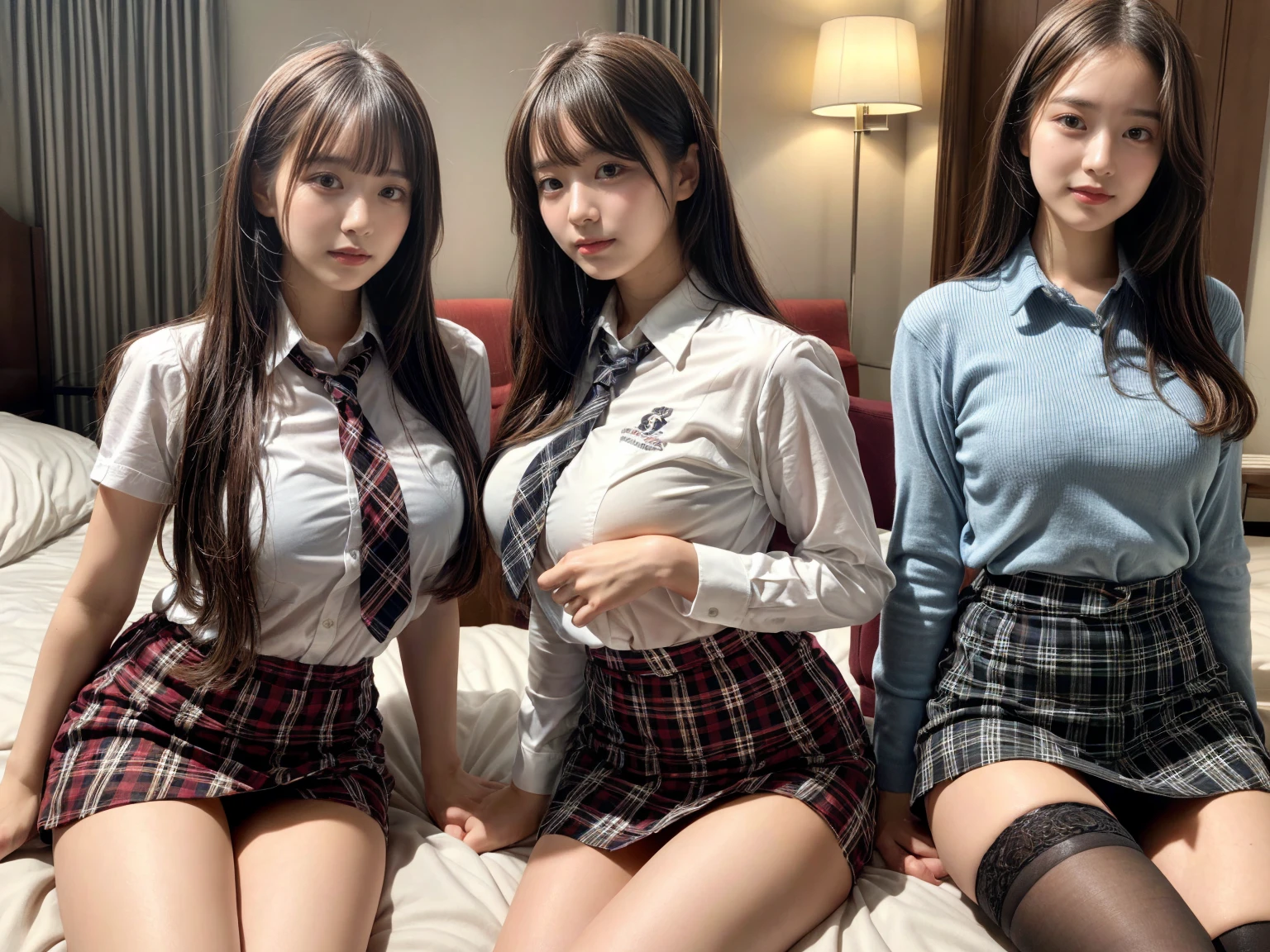 masterpiece, best quality, illustration, Super detailed, fine details, High resolution, 8K,wall paper, perfect dynamic composition,(Details High quality, realistic depiction of eyes:1.3), (3 girls), (white school shirt :1.2), (plaid skirt :1.3), tie black, black thigh-high stockings, sitting, open legs, short bob hair, in a hotel room in the background, deep on field, large breasts, black hair color, Big Natural Color Lip, (perfect body shape), crying a little、Harajuku style、20 year old girl、cute type、beautiful legs, Gravure Idol