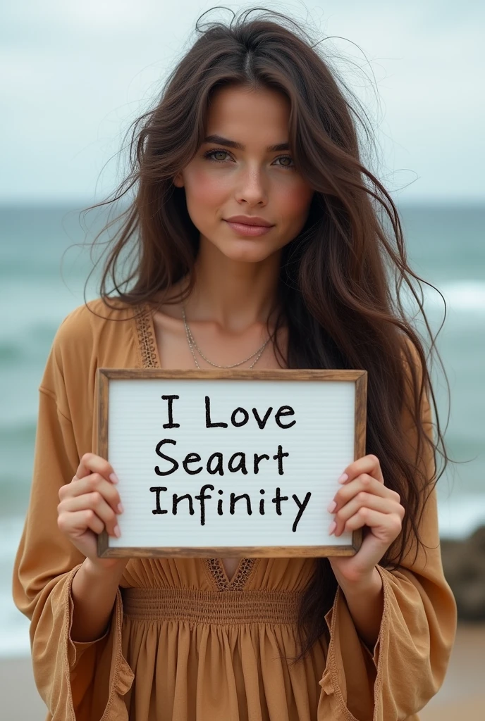 Beautiful girl with wavy long hair, bohemian dress, holding a white board with text "I Love Seaart Infinity" and showing it to the viewer