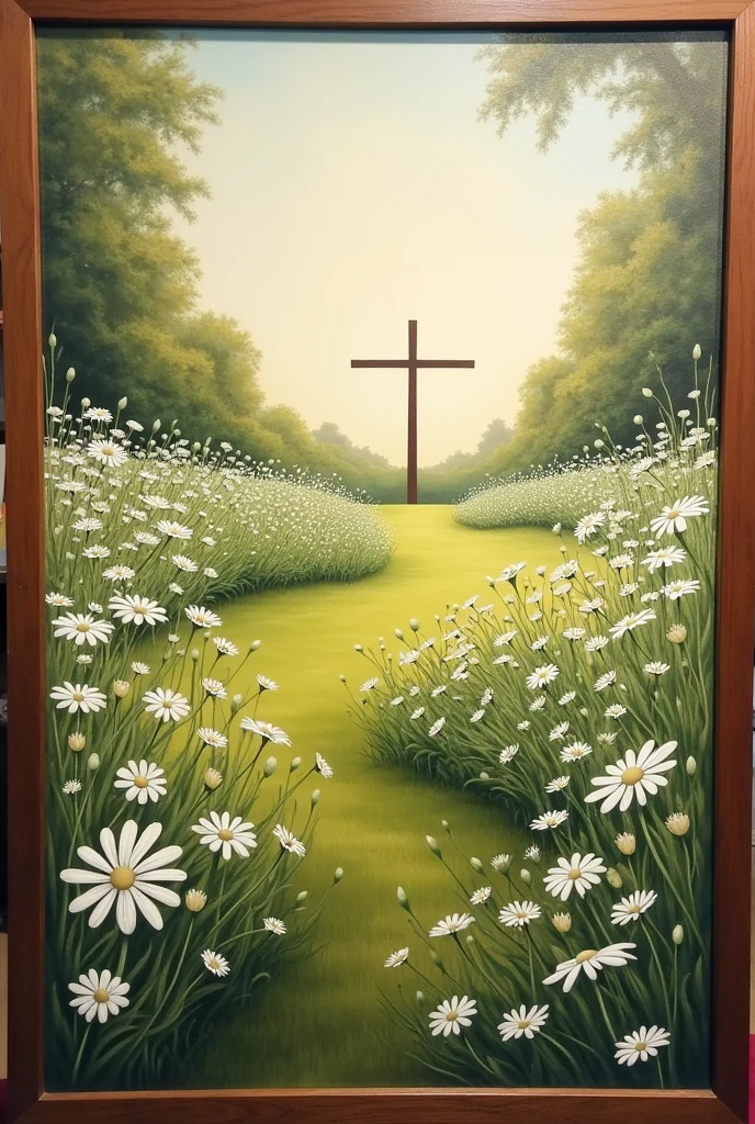 Painting of a Garden Of a variety of White Flowers And very green grass all around and The Cross in The Middle Of the Garden Far off in the distance, border of picture is wood like a painting portrait