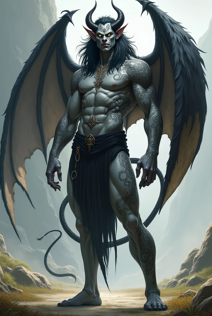Create a male tiefling character with gray skin., gold eyes, black hair, wings and tail, tatoo, in a clear scenario