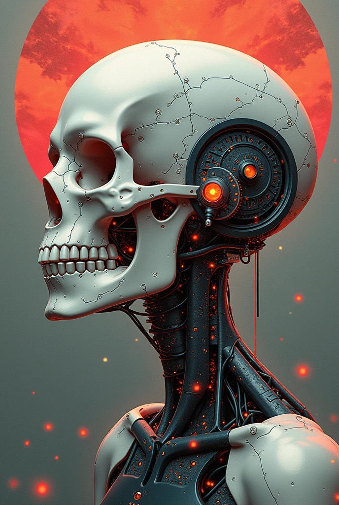 Japanese drawing with artificial technological skulls