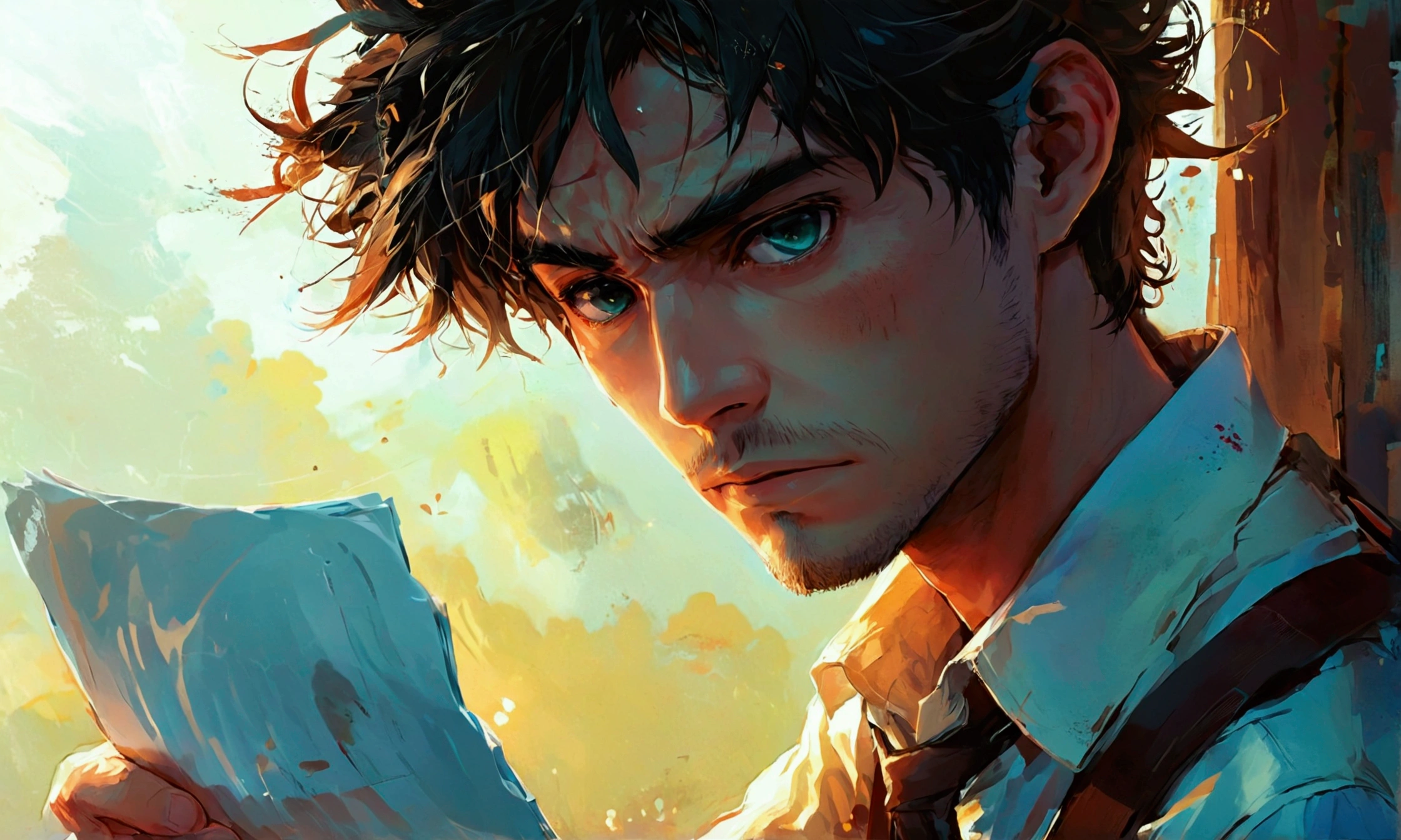 A MAN HOLDING VARIOUS PAPERS,manga style art,manga style art,manga style art,manga style art