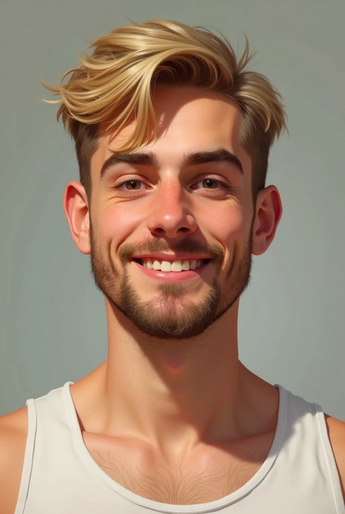 Michel 24 years old short blonde hair, Caucasian skin, with a mustache, chin beard, cute face, white undershirt, German.
