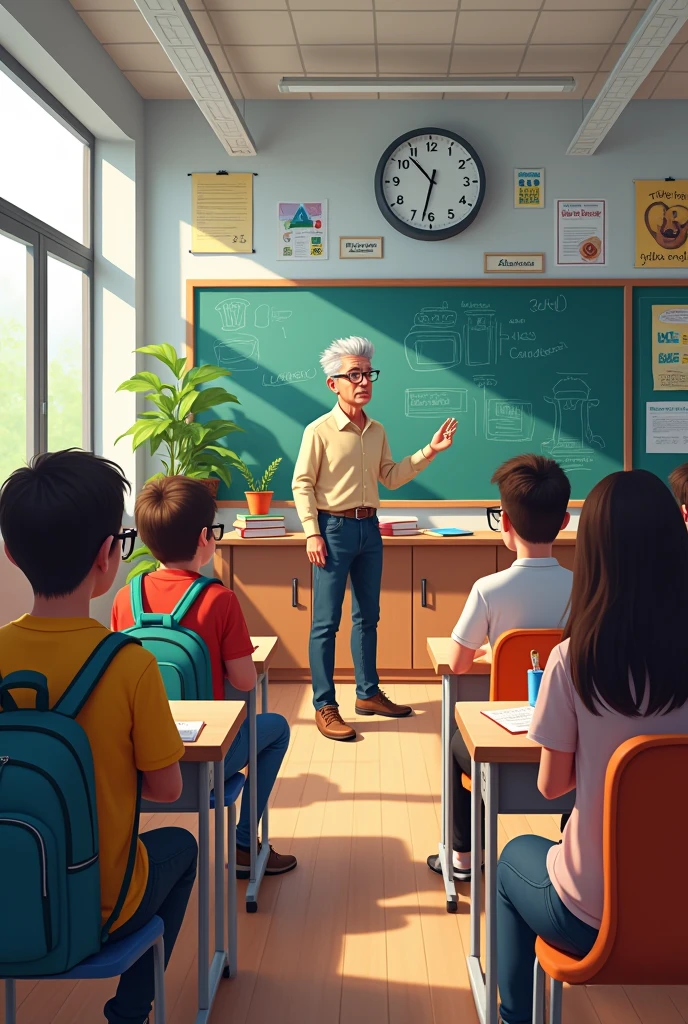 Interior of a teenage classroom with teacher at the board 