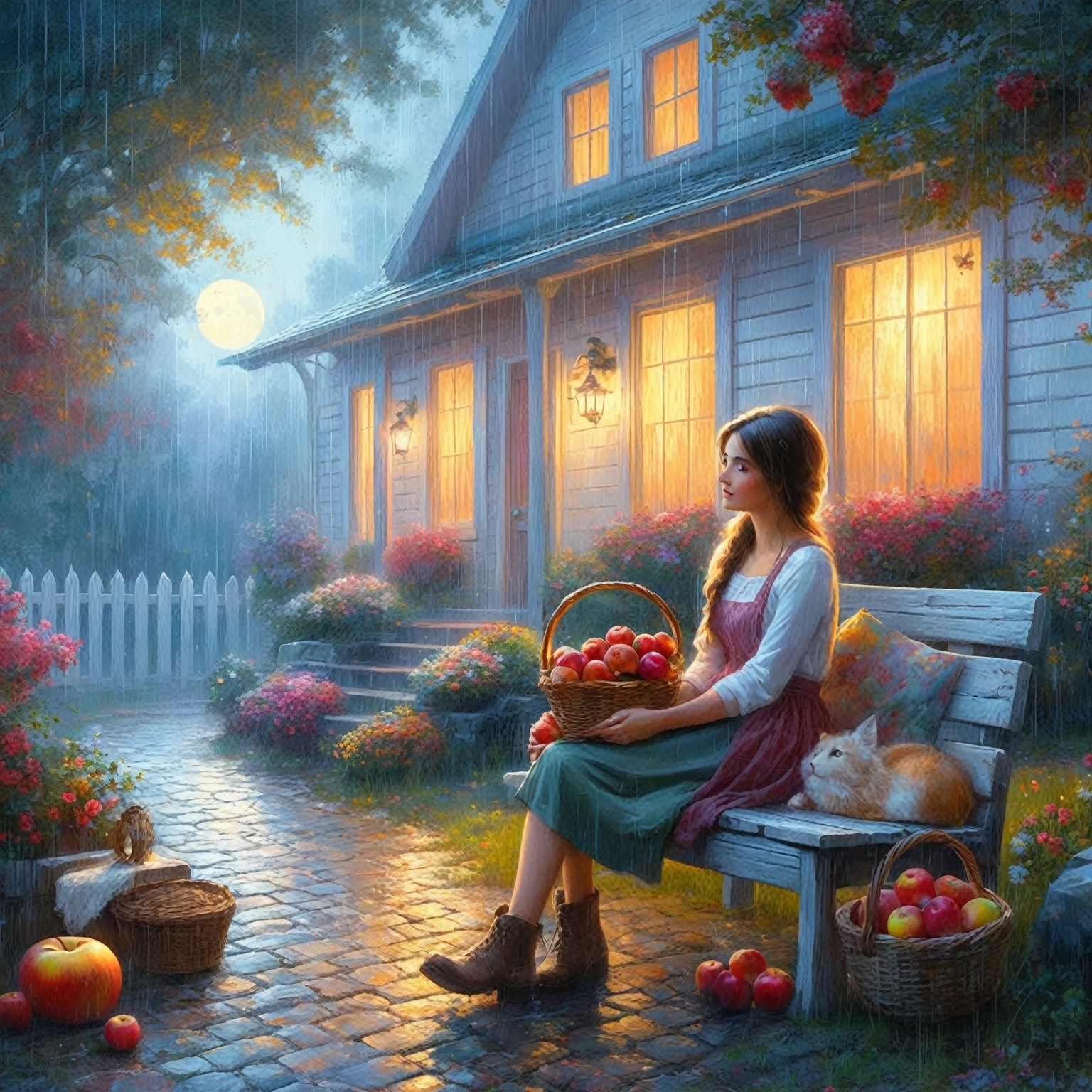painting of a woman sitting on a bench with a basket of apples, beautiful digital artwork, by thomas kinkade, by Thomas Kinkade, romantic painting, tomas kinkade, detailed painting 4 k, inspired by mark keathley, thomas kinkade cfg _ scale 9, magical realism painting, thomas kinkade painting, thomas kinkade. cute cozy room