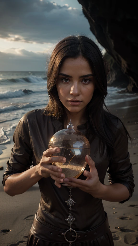 a man finding an ancient hourglass on a deserted beach,detailed face,detailed hands,beautiful detailed eyes,beautiful detailed lips,extremely detailed eyes and face,longeyelashes,intricate detailed hourglass,sand pouring from hourglass,cracked weathered wood,ocean waves,cloudy sky,warm lighting,photorealistic,masterpiece,ultra-detailed,highly detailed,hyper realistic,cinematic lighting,dramatic composition,cinematic atmosphere,striking colors,dramatic lighting