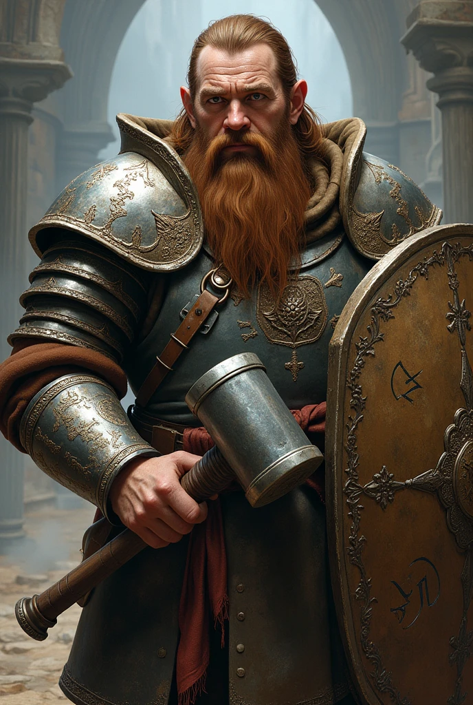 a dwarf defender of the d&d with long brown hair and beard, with mithril armor, an iron shield, a combat hammer