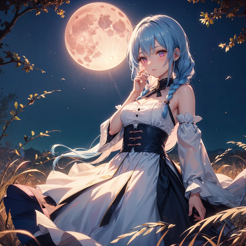 (Braiding),(Sky blue hair), (Pink eyes),(Fair skin) ,(whole body),(One Girl),(harvest moon),(A large amount of Miscanthus sinensis in the background),autumn,(full moon),(masterpiece, Highest quality, Very detailed, Best Shadow), (Detailed Background), (Beautifully detailed face), High Contrast, (Best lighting, Very delicate and beautiful), ((Cinematic Light)), Hyper Detail,8k, Dramatic Light, Intricate details
