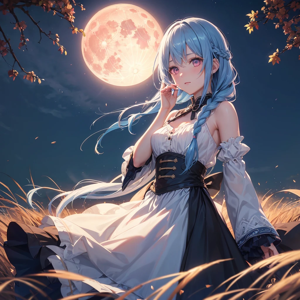 (Braiding),(Sky blue hair), (Pink eyes),(Fair skin)  ,(whole body),(One Girl),(harvest moon),(A large amount of Miscanthus sinensis in the background),autumn,(full moon),(masterpiece, Highest quality, Very detailed, Best Shadow), (Detailed Background), (Beautifully detailed face), High Contrast, (Best lighting, Very delicate and beautiful), ((Cinematic Light)), Hyper Detail,8k, Dramatic Light, Intricate details
