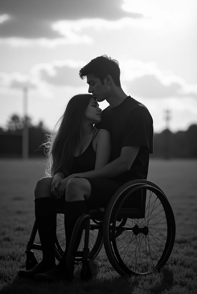L'ombre en NOIR d'une jeune femme avec les cheveux détaches endormi sur les genoux d'un jeune homme ayant le profil parfait en fauteuil roulant et qui se regardent sur un terrain de foot et  fond un beau ciel photo en noir et blanc